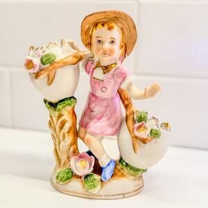 Vintage Ucagco Figurine, 2 Egg Bud Vase w/Springtime Girl in Pink Dress, Japan